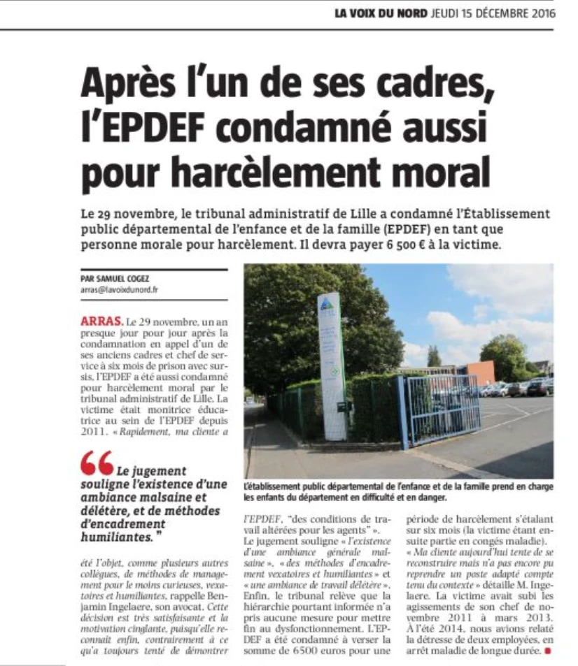 Article de presse sur le harcèlement moral